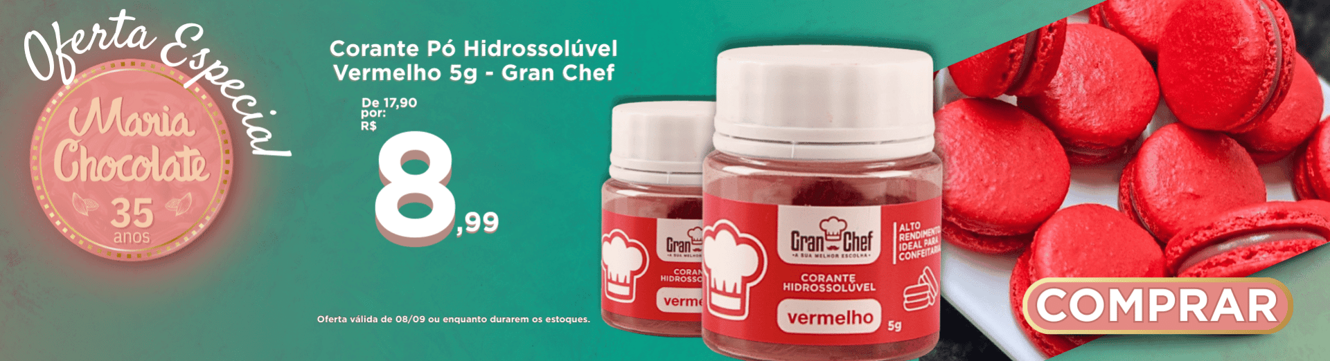 Oferta especial 08/09 - Corante Pó Hidrossolúvel Vermelho 5g - Gran Chef