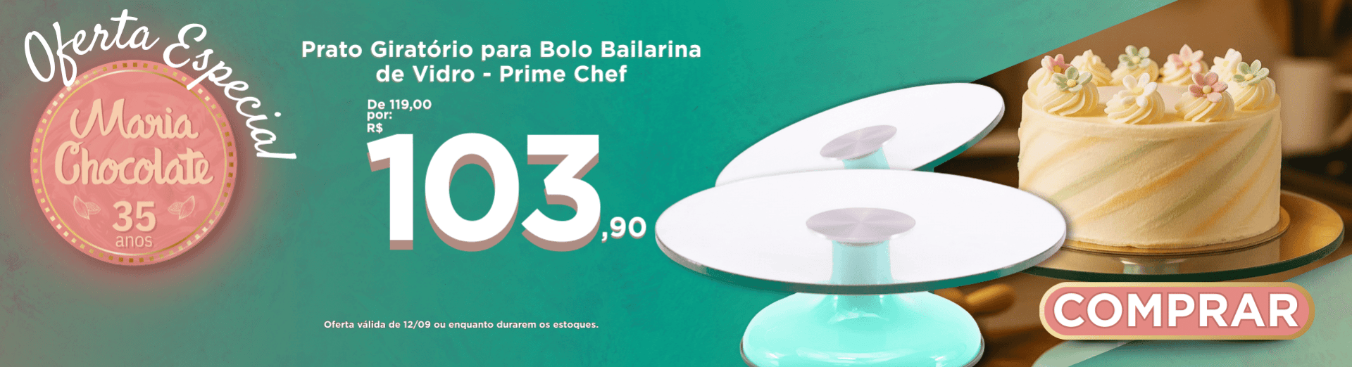 Oferta especial 12/09-Prato Giratório para Bolo Bailarina de Vidro Verde Água - Prime Chef