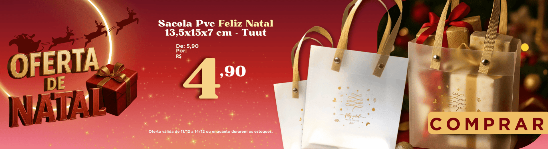 Sacola Pvc Feliz Natal 13,5x15x7 cm - Tuut