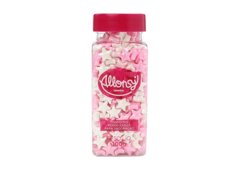Confeito Comestível Estrelas Rosa/Branco 100g - Allonsy 