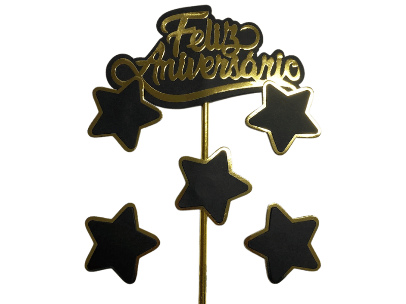 Topo de Bolo Kit Feliz Aniversário 5 estrela Dourada/Preto - Fazendo a Festa 