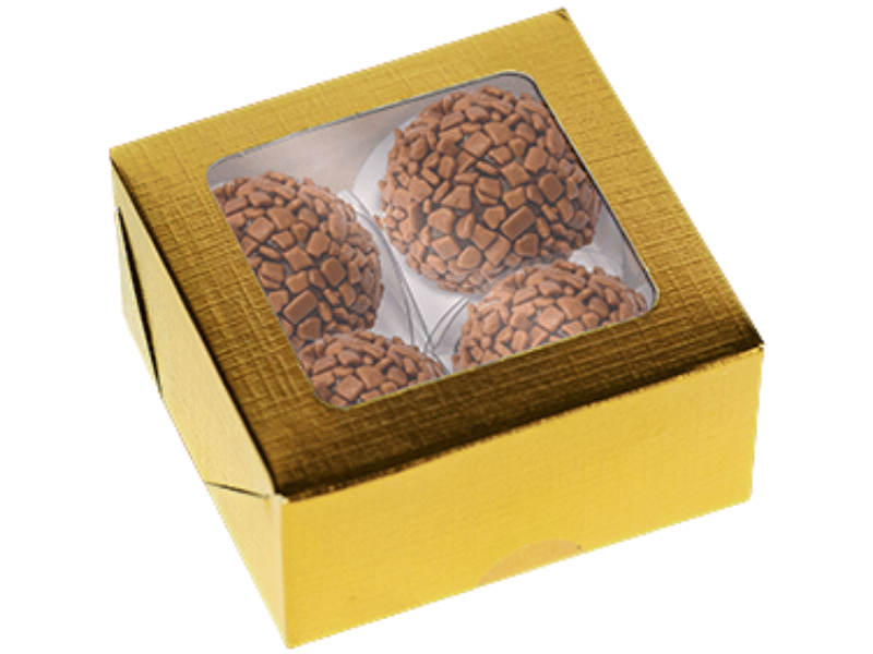 Caixa Laminada c/ Visor para 4 Doces Dourada - Ideia Embalagens