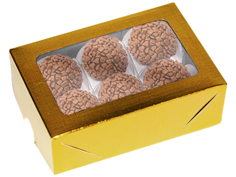 Caixa Laminada c/ Visor para 6 Doces Dourada - Ideia Embalagens