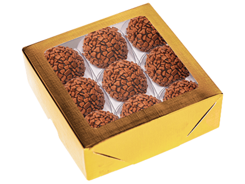 Caixa Laminada c/ Visor para 9 Doces Dourada - Ideia Embalagens