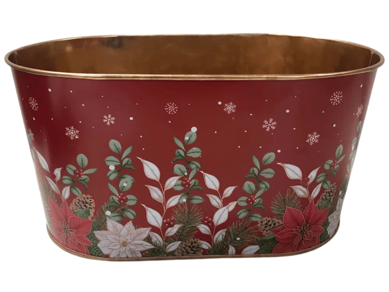 Cachepot Metálica Vermelho Flores 22,5x11,5 cm - Tuut