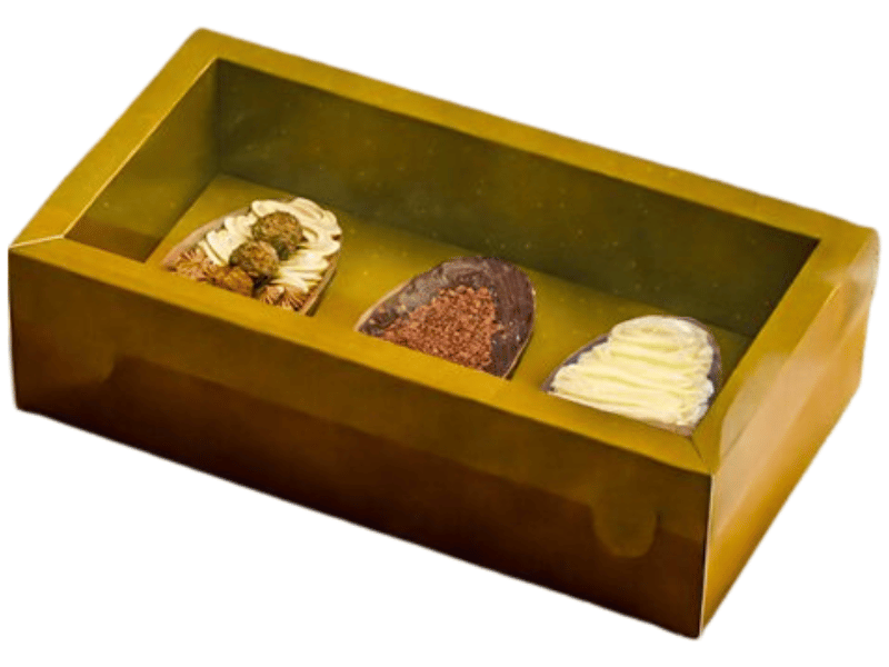 Caixa Degustação c/ Moldura Páscoa Ouro 3 Cavidades 50g - Ideia Embalagens