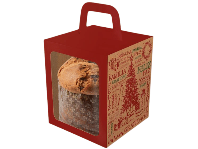 Caixa Panetone c/ Visor Alça Natal Essencial 10x10x12 cm - Ideia Embalagens