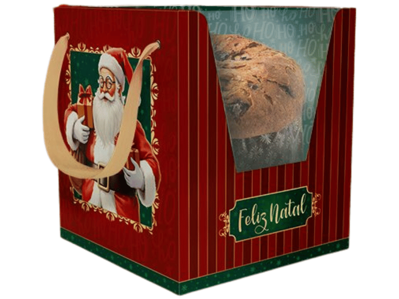 Caixa Panetone c/ Visor Alça Noel 15x15x17 cm - Ideia Embalagens