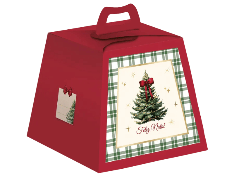 Caixa Panetone c/ Visor Pinheiro Vermelha 18x18x16 cm 500g - Cromus