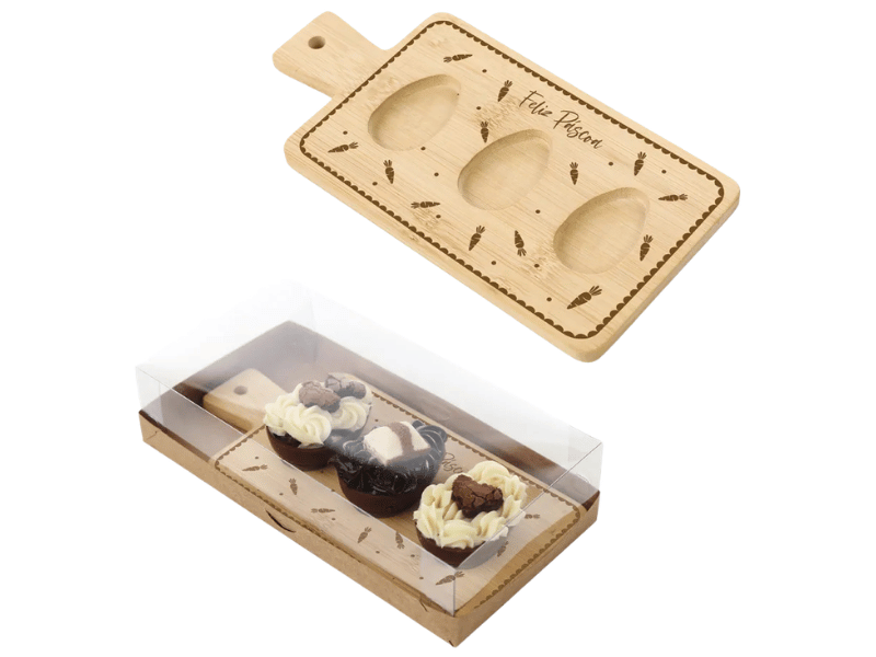 Caixa Para 3 Meio Ovos C/ Tábua Bambu Cenourinhas 21,5x11x5 cm - Cromus