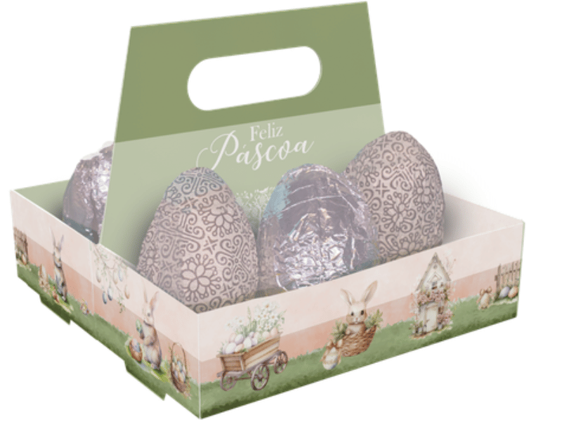 Cesta Encanto Páscoa Coelho c/ Alça e 6 Cavidades 50g c/ 5 - Ideia Embalagens