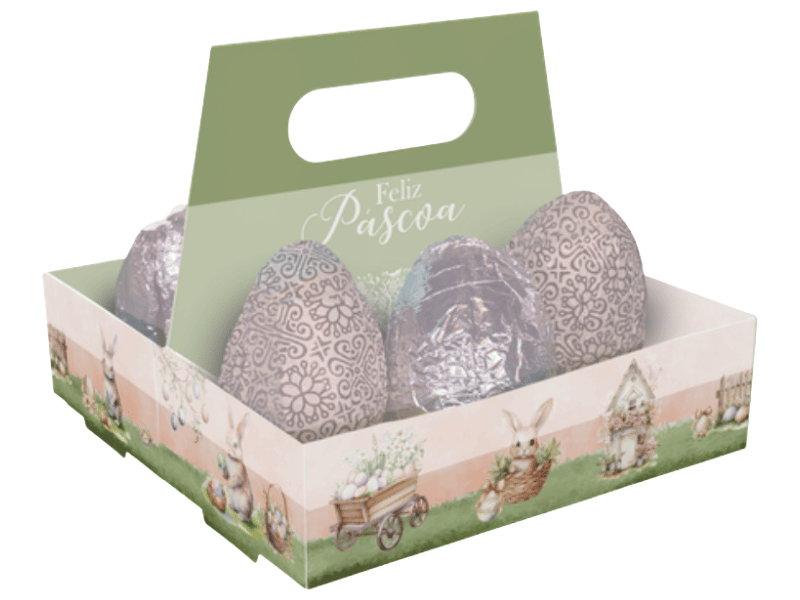 Cesta Encanto Páscoa Coelho c/ Alça e 6 Cavidades 50g - Ideia Embalagens