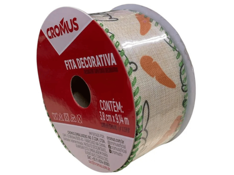 Fita Aramada Decorativa Coelho Cenoura Bege 3,8 cm 9,14 m - Cromus