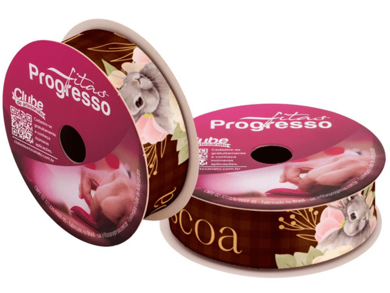 Fita de Cetim Decorativa Feliz Páscoa Coelho Marrom  nº 5 ECF005TR Cor 197 - Progresso