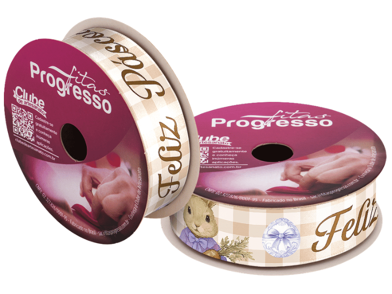 Fita de Cetim Decorativa Feliz Páscoa Coelho Xadrez Bege nº 5 ECF005TR Cor 233 - Progresso