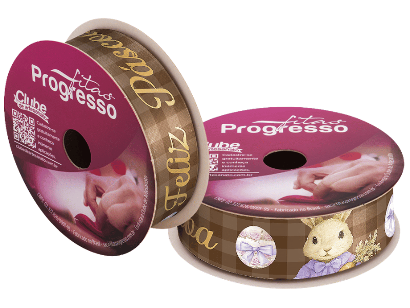 Fita de Cetim Decorativa Feliz Páscoa Coelho Xadrez Marrom nº 5 ECF005TR Cor 234 - Progresso