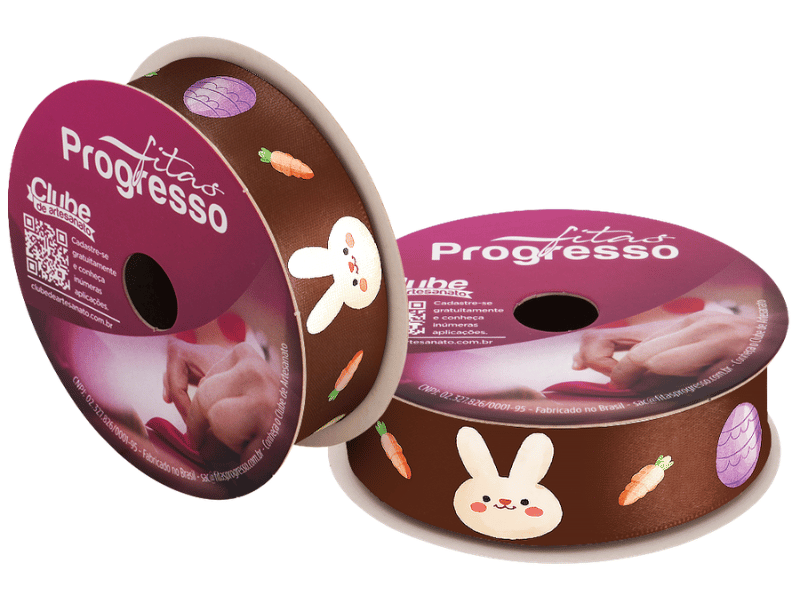 Fita de Cetim Decorativa Páscoa Coelho Ovos Coloridos Marrom nº 5 ECF005TR Cor 237 - Progresso