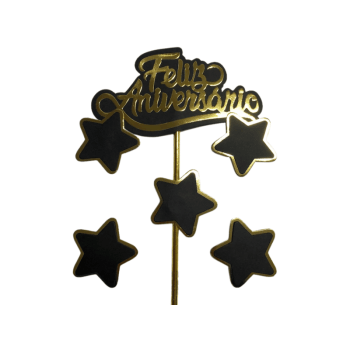 Topo de Bolo Kit Feliz Aniversário 5 estrela Dourada/Preto - Fazendo a Festa 
