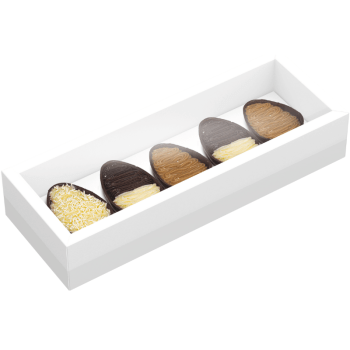 Caixa Degustação c/ Moldura Páscoa Branco 5 Cavidades 50g c/ 5 unidades - Ideia Embalagens