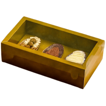 Caixa Degustação c/ Moldura Páscoa Ouro 3 Cavidades 50g - Ideia Embalagens