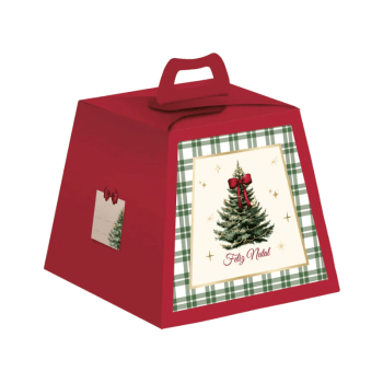Caixa Panetone c/ Visor Pinheiro Vermelha 18x18x16 cm 500g - Cromus Caixa Panetone c/ Visor Pinheiro Vermelha 18x18x16 cm 500g - Cromus
