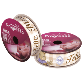 Fita de Cetim Decorativa Feliz Páscoa Coelho Xadrez Bege nº 5 ECF005TR Cor 233 - Progresso