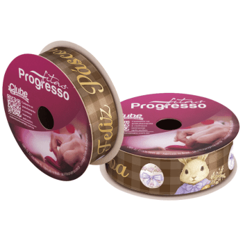 Fita de Cetim Decorativa Feliz Páscoa Coelho Xadrez Marrom nº 5 ECF005TR Cor 234 - Progresso