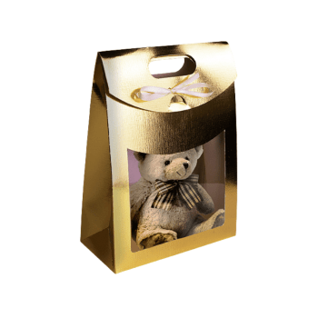 Matela c/ Visor Laminado Ouro 19x9x26 cm - Ideia Embalagens  Matela c/ Visor Laminado Ouro 19x9x26 cm - Ideia Embalagens